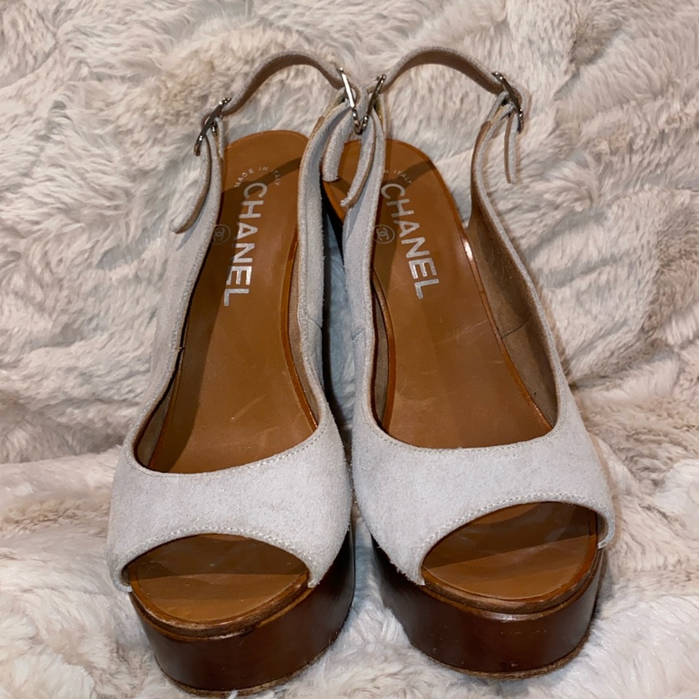 Chanel Grey Suede Wooden Platform Slingback Sandals